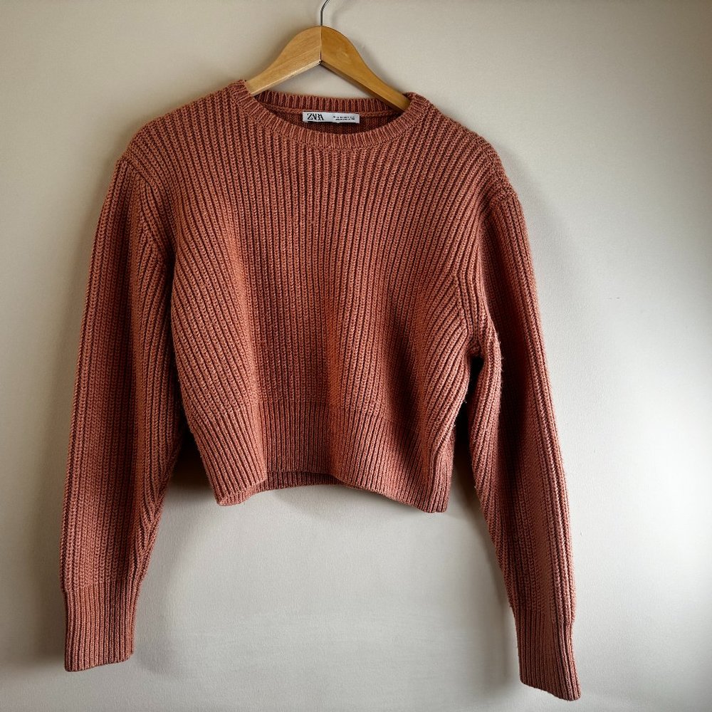 Zara Cable Knit Crewneck Cropped Boxy Salmon Deep Coral Sweater